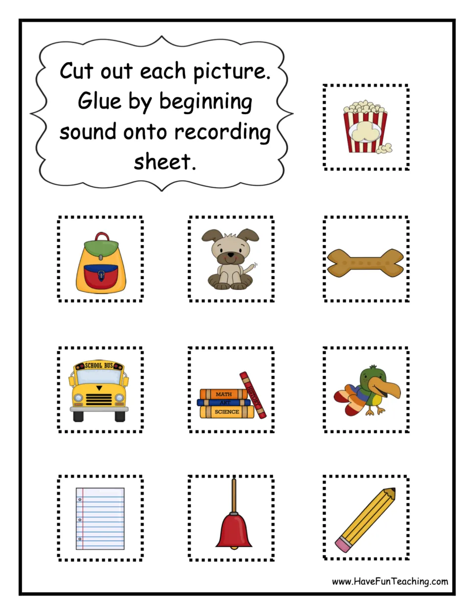 Cut-out sheet of 10 B and P sorting pictures, including popcorn, backpack, puppy, bone, bus, and five more