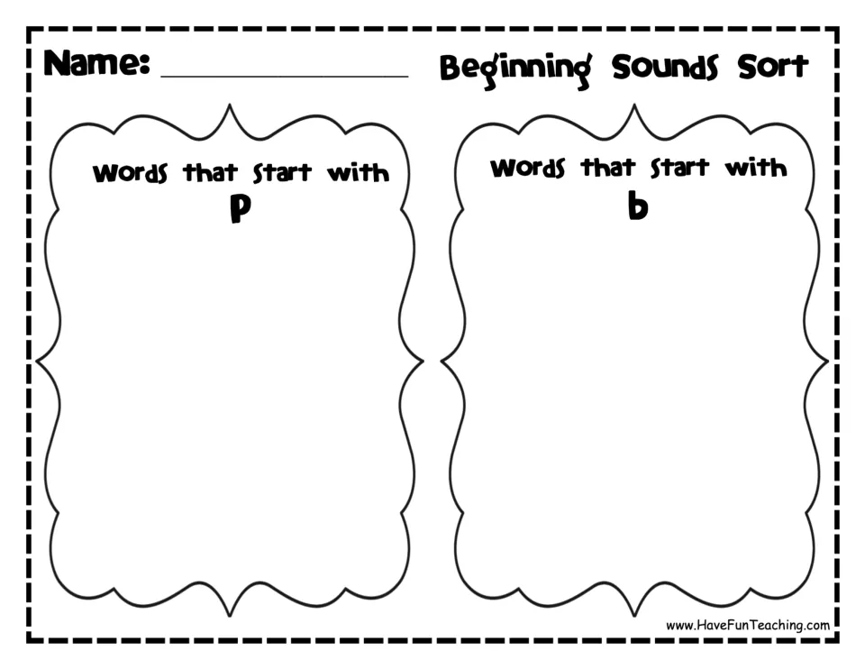 Beginning-sounds recording sheet for gluing pictures under 'words that start with p' or 'words that start with b'