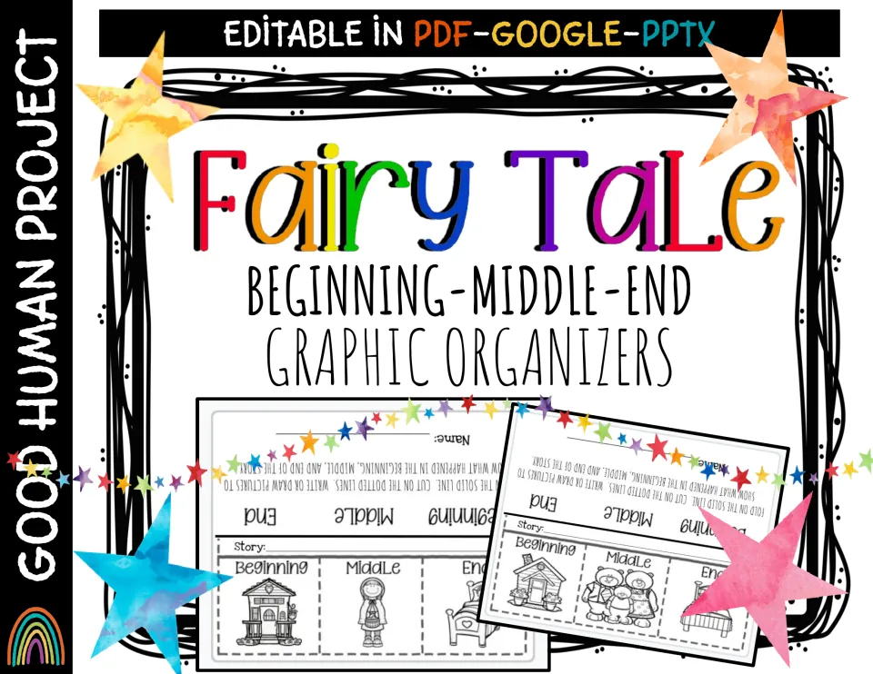 Fairy tale beginning-middle-end organizer cover showing fold-and-cut sheets, editable in PDF, Google and PPTX