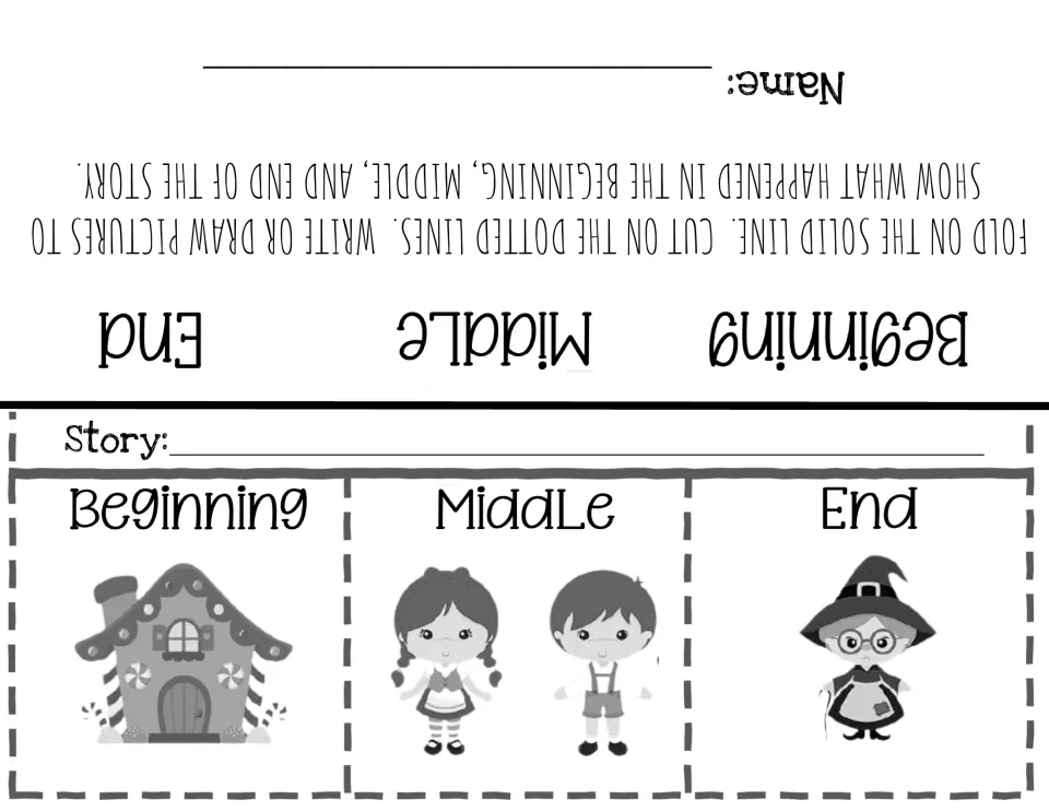 Hansel and Gretel retelling: students record the beginning, middle and end under gingerbread house, children and witch