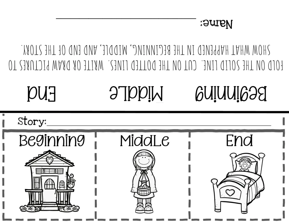 Little Red Riding Hood retell: students sequence story events under flaps showing a house, Red and the wolf in bed