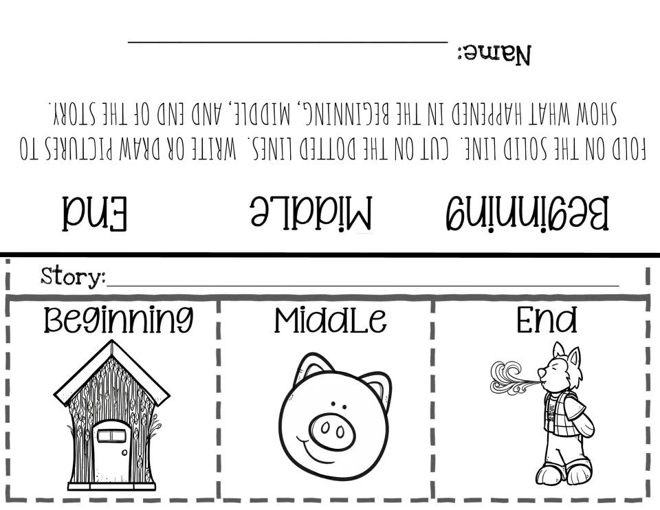 Three Little Pigs sequencing: students write or draw what happens under flaps showing a straw house, pig and wolf