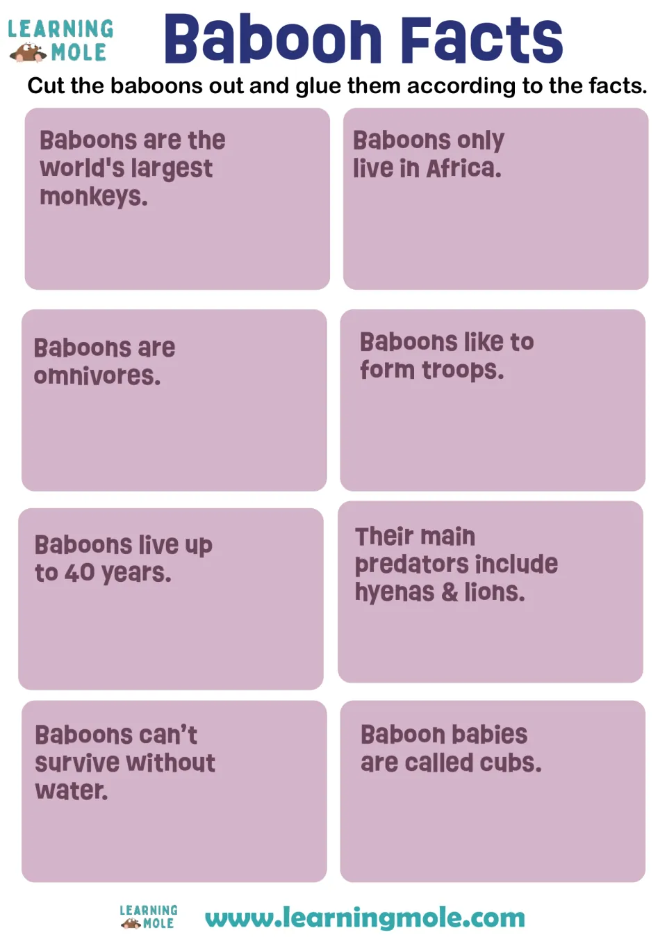 Baboon Facts yes-or-no sort: students cut out baboons and glue them onto 8 facts on diet, troops, predators and cubs