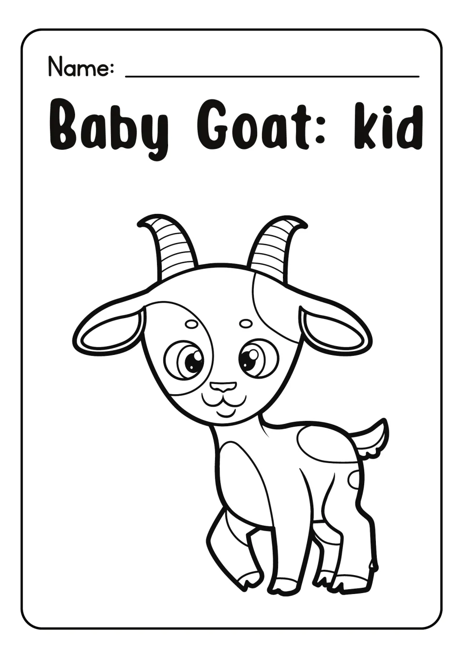 Baby Goat: kid coloring sheet: students color a cartoon young goat with curved striped horns, floppy ears and a short tail