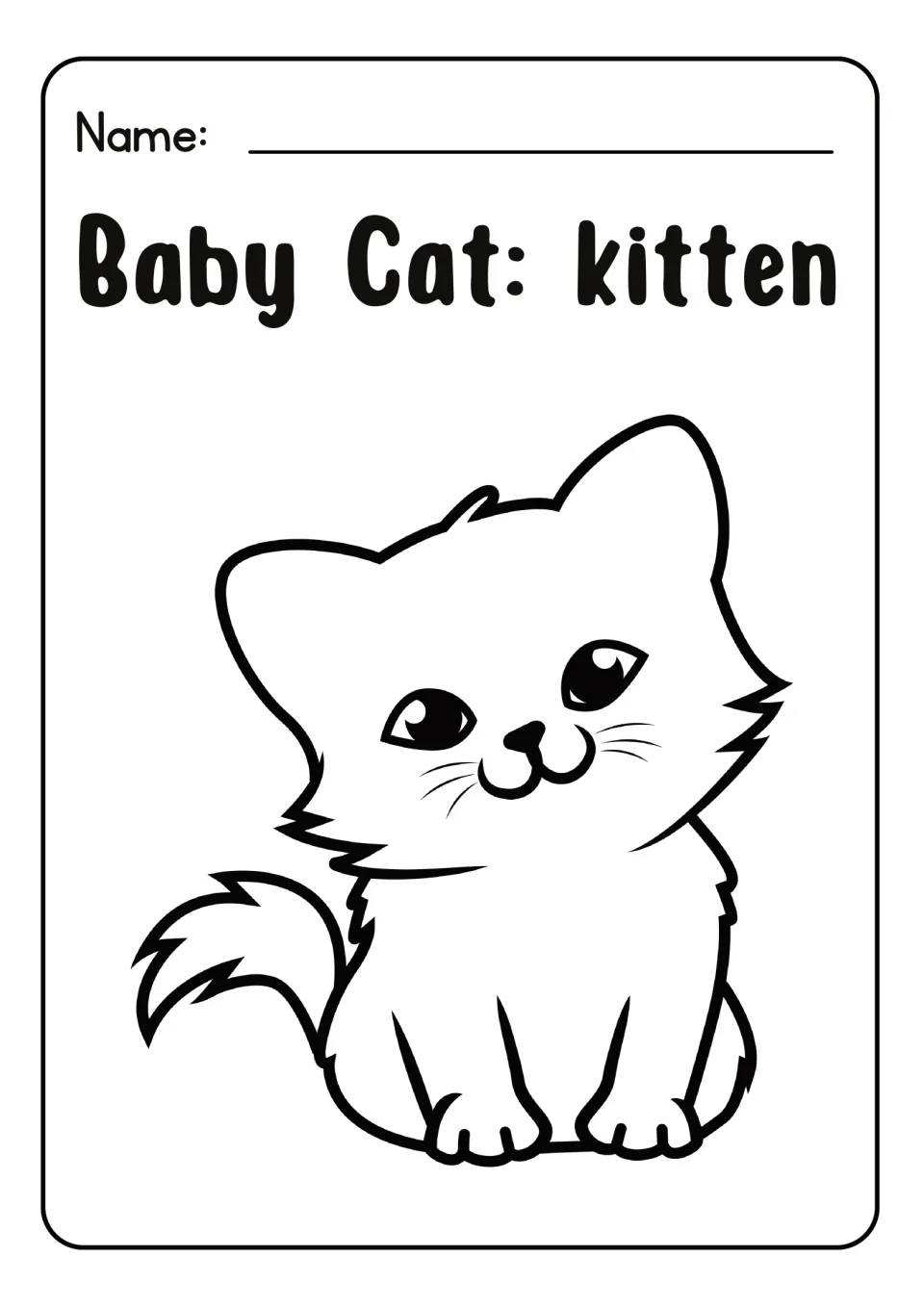 Baby Cat: kitten coloring sheet: students color a fluffy sitting kitten with big eyes, whiskers and a curled tail