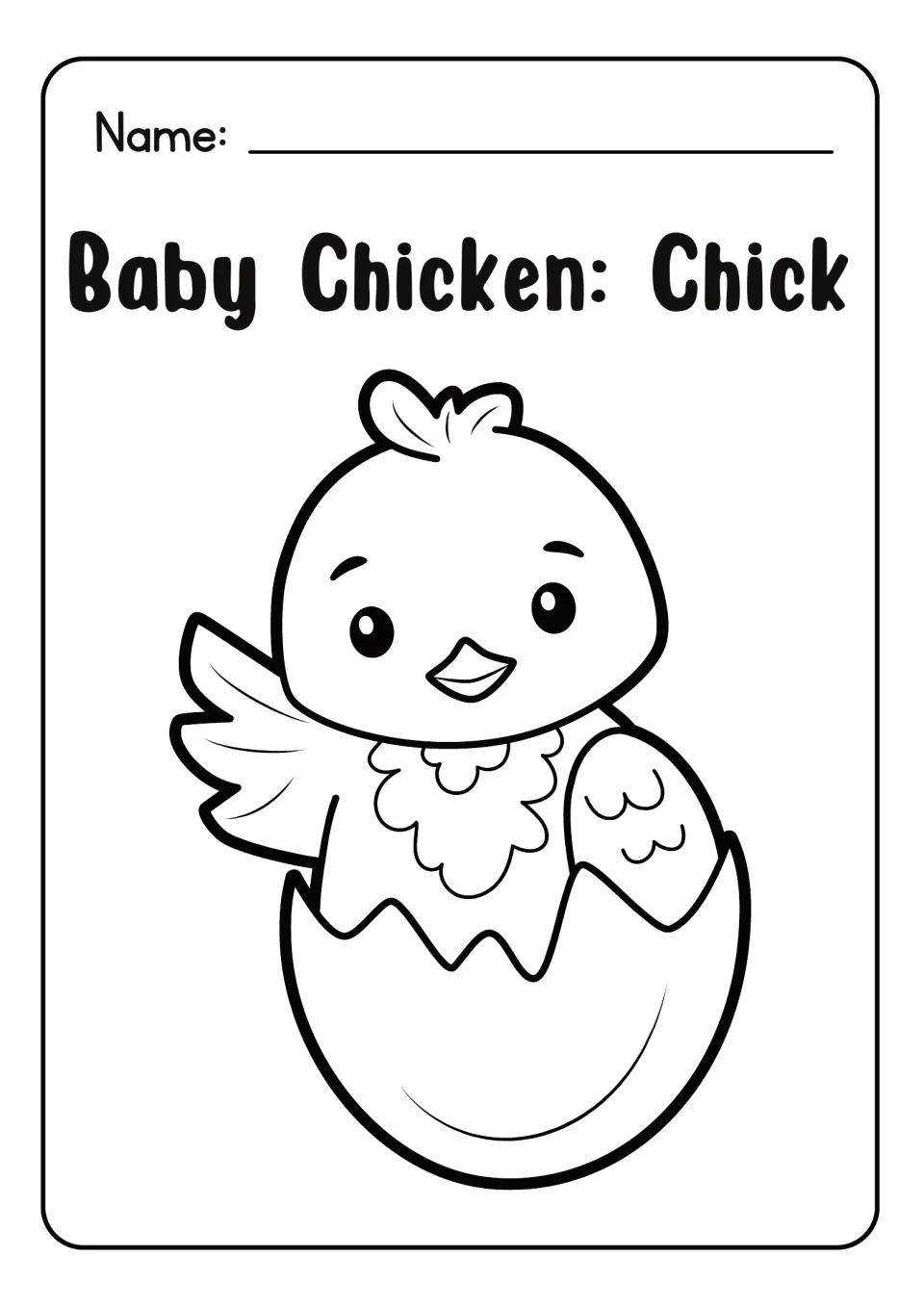 Baby Chicken: Chick coloring sheet: students color a waving chick hatching out of a cracked eggshell