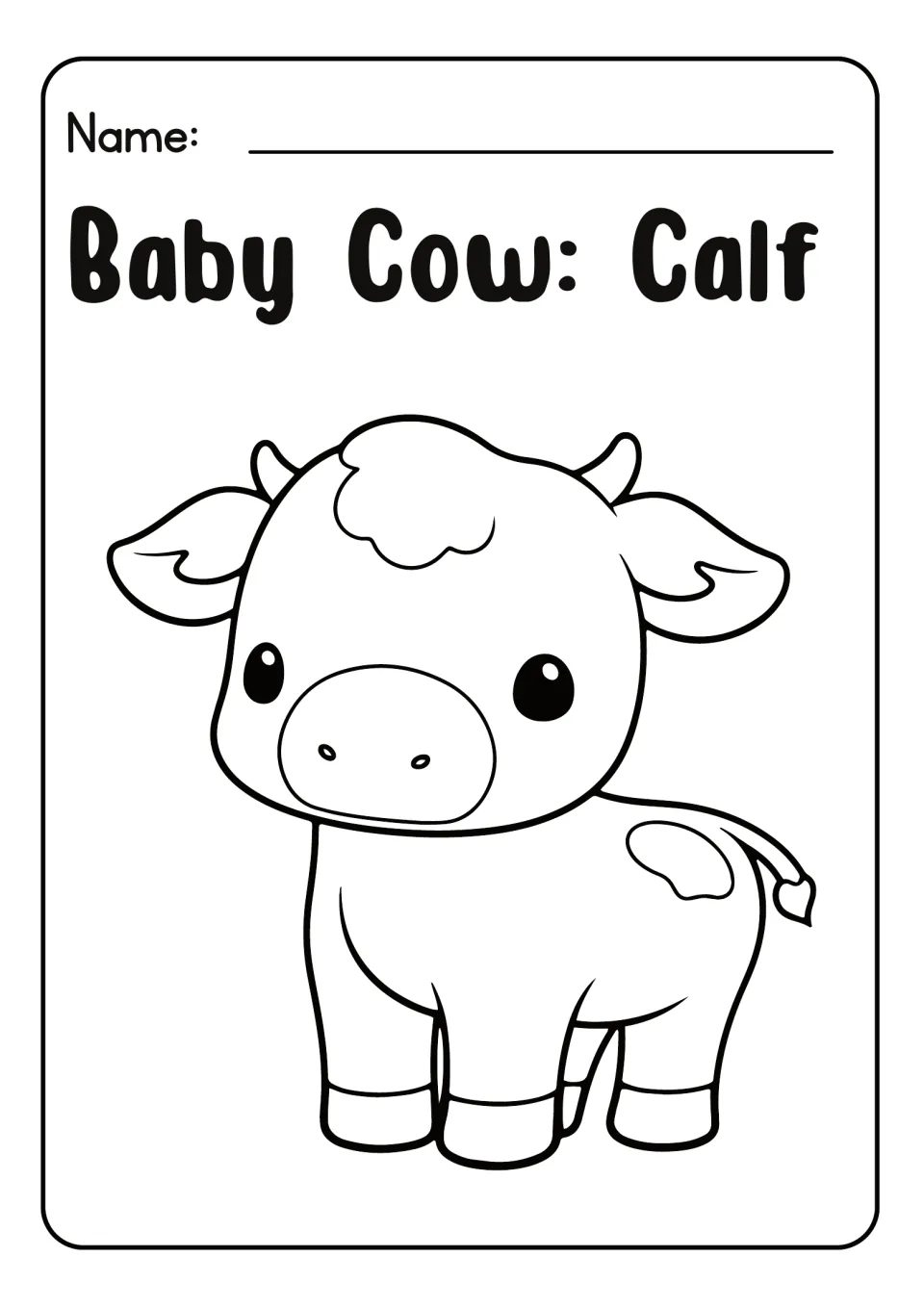 Baby Cow: Calf coloring sheet: students color a standing cartoon calf with small horns, a big snout and a spot on its side