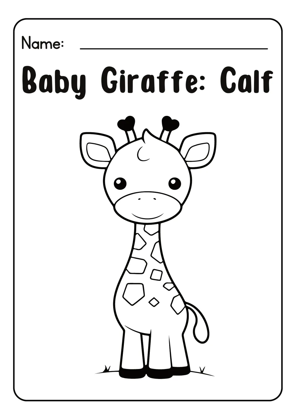 Baby Giraffe: Calf coloring sheet: students color a smiling young giraffe with patches on its long neck, standing on grass