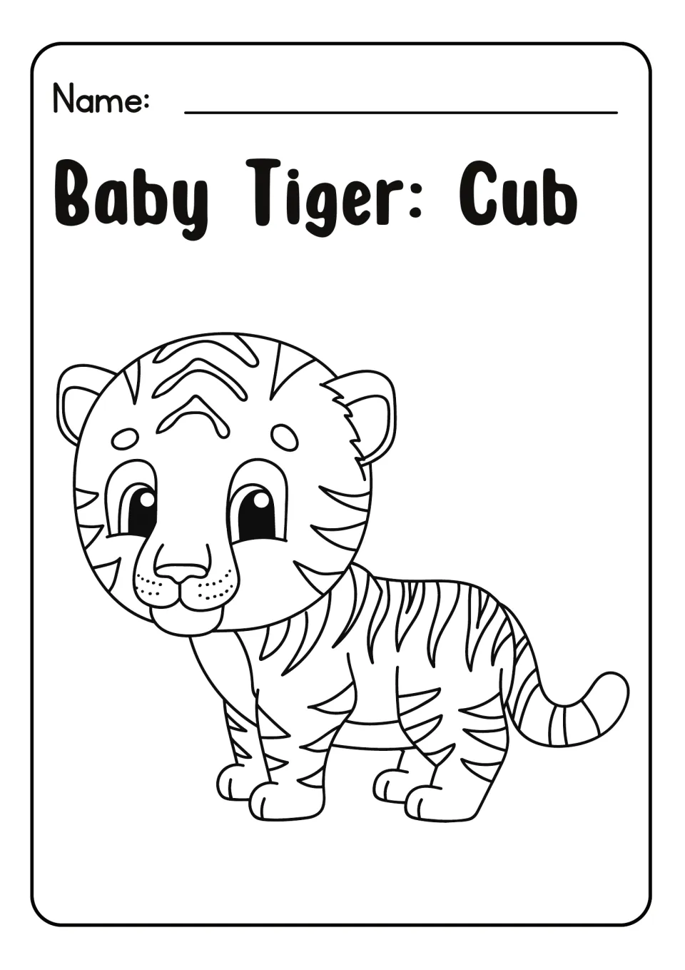 Baby Tiger: Cub coloring sheet: students color a standing striped tiger cub with big round eyes and a curled tail
