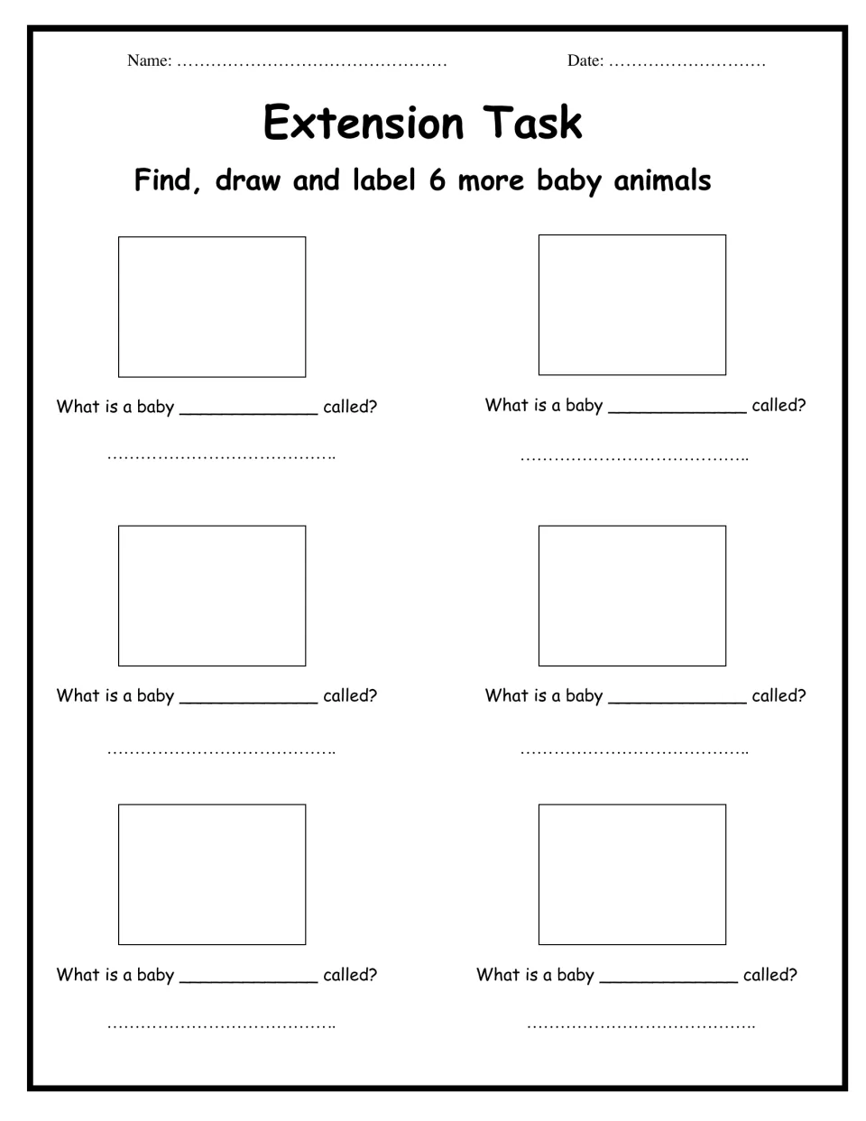 Extension task: students find, draw and label 6 more baby animals, filling in each animal and writing its baby's name