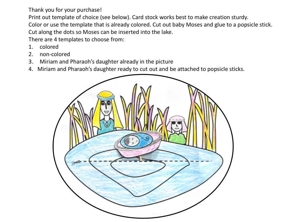 Craft assembly directions explain printing, coloring, cutting, and attaching baby Moses to a popsicle stick