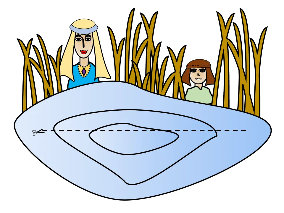 Color river scene template includes Miriam and Pharaoh's daughter among reeds for the baby Moses craft