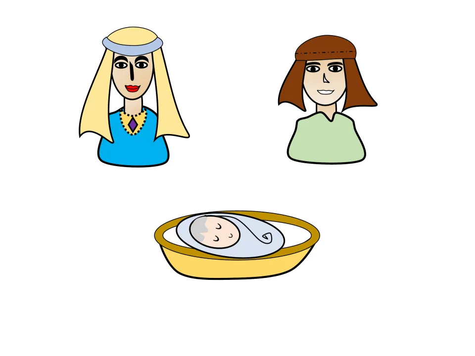 Color craft cutouts of Pharaoh's daughter, Miriam, and baby Moses in a basket to attach to popsicle sticks