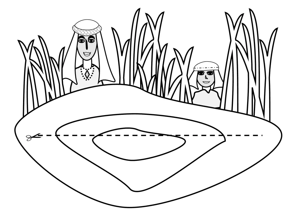 Black-and-white river scene template includes Miriam and Pharaoh's daughter for coloring the Moses craft