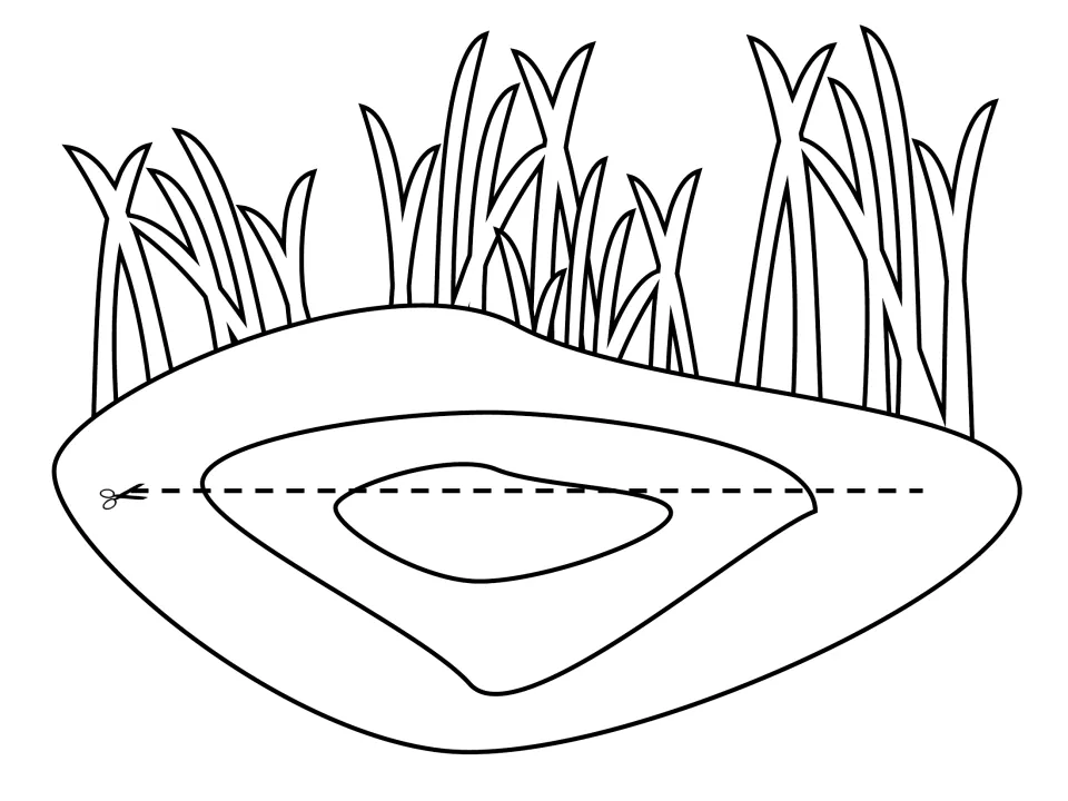Black-and-white river scene template has reeds and water to color and use with separate character cutouts