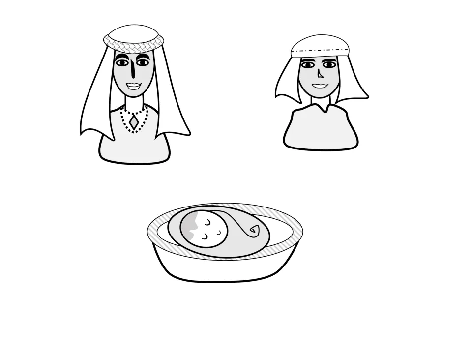 Black-and-white craft cutouts of Pharaoh's daughter, Miriam, and baby Moses in a basket for coloring