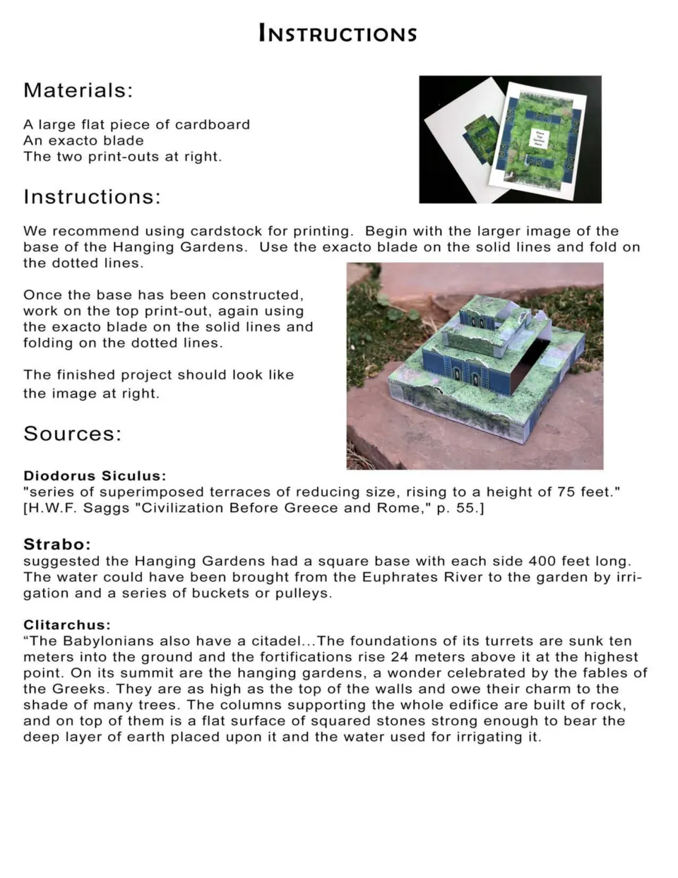 Model instructions: materials, cut-and-fold steps, and ancient sources from Diodorus Siculus, Strabo and Clitarchus