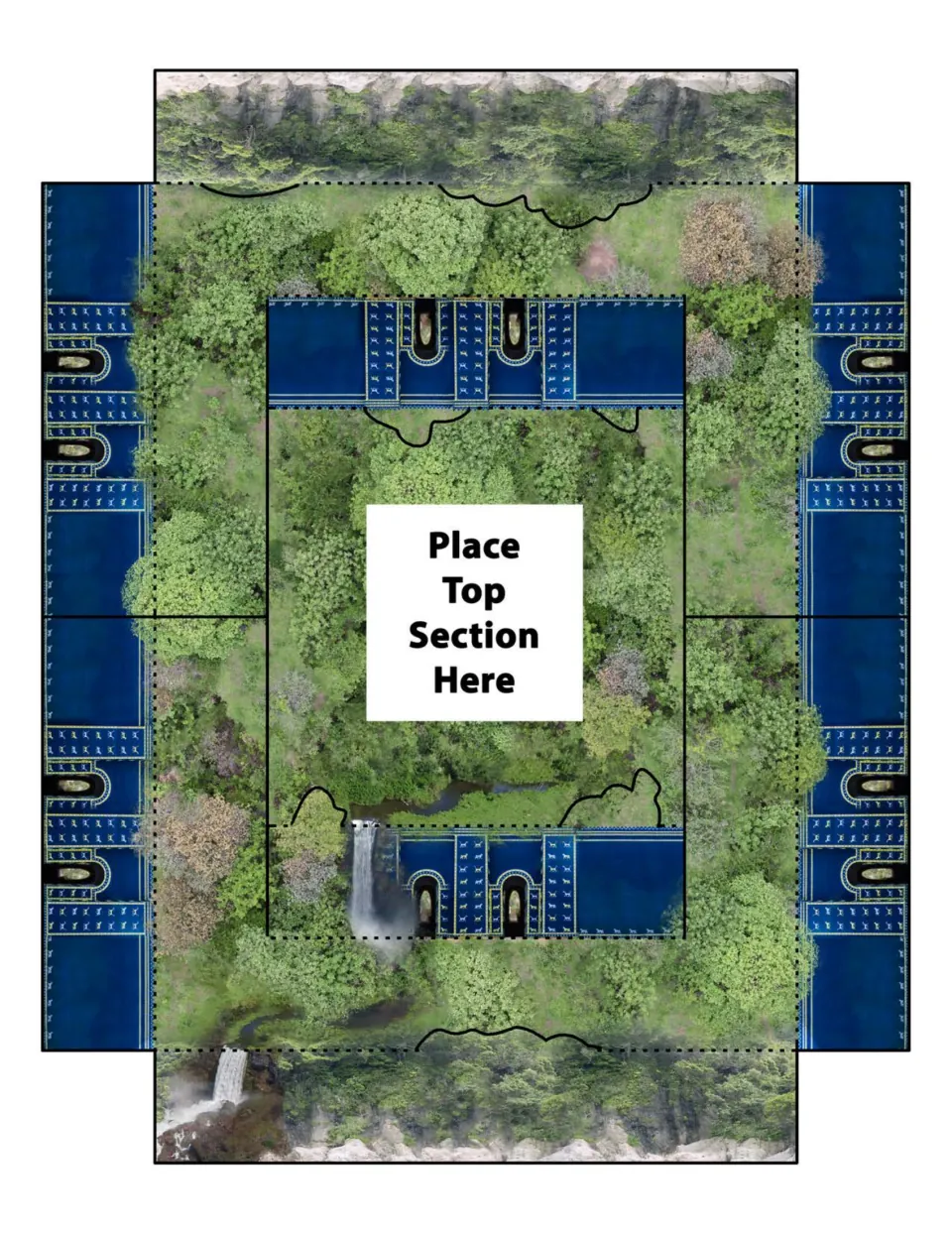 Base template for the gardens model: students cut solid lines and fold dotted ones; center reads Place Top Section Here