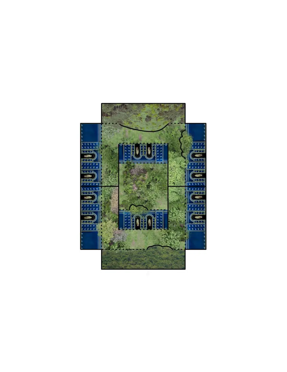 Top section template: smaller garden terrace with blue gated walls that students cut, fold and set on the model's base