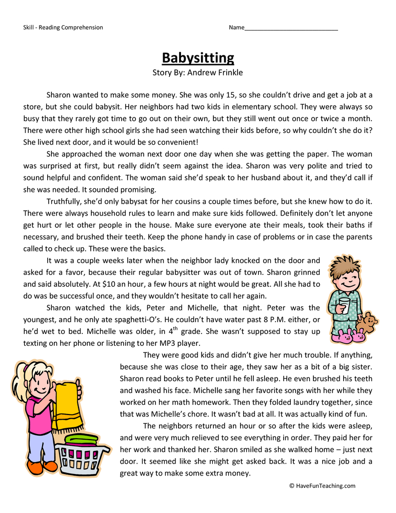 Babysitting - Reading Comprehension Worksheet teaching resource preview