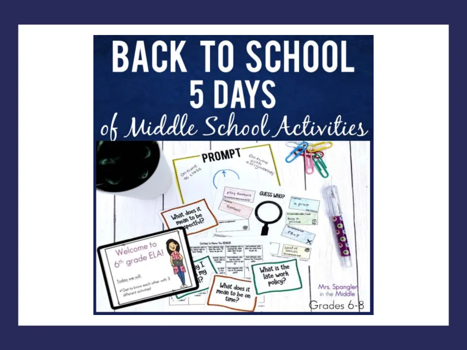 Back to School 5 Days of Middle School Activities cover showing BINGO, Guess Who? sheet and routine question cards