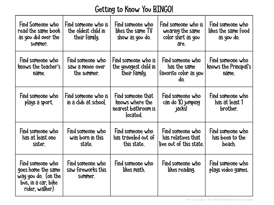 Getting to Know You BINGO: students mingle to find classmates matching 25 prompts, such as plays a sport or likes math