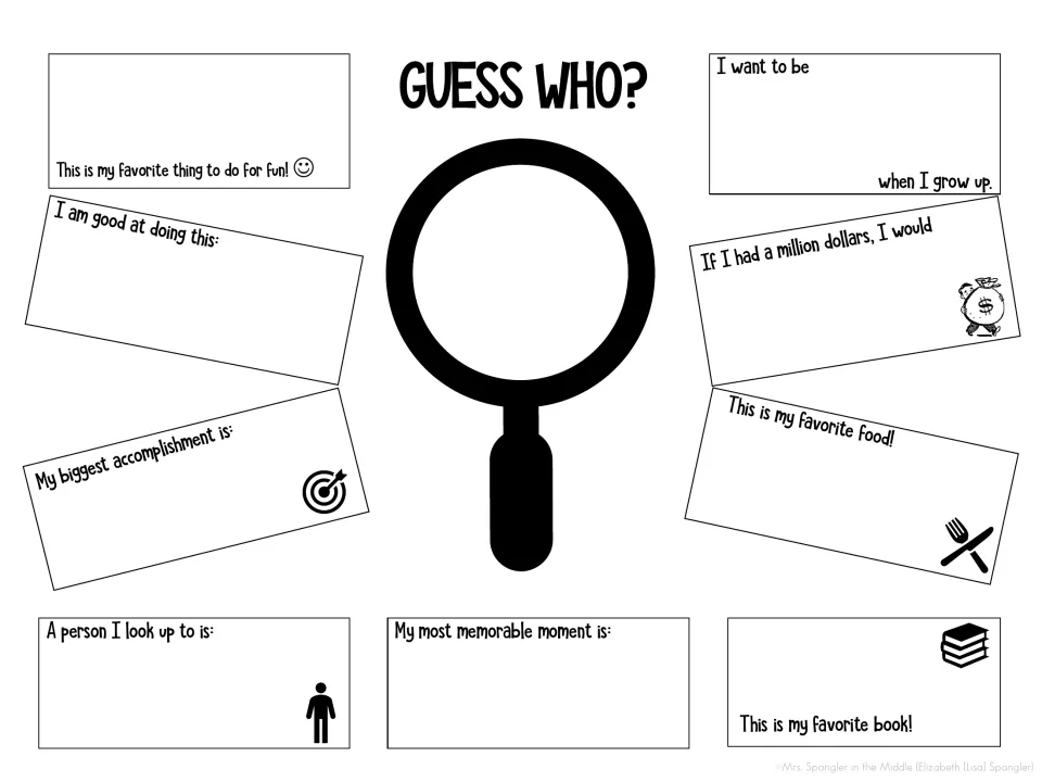Guess Who? all-about-me sheet: students write their favorite food, book and hobby, a role model and future job