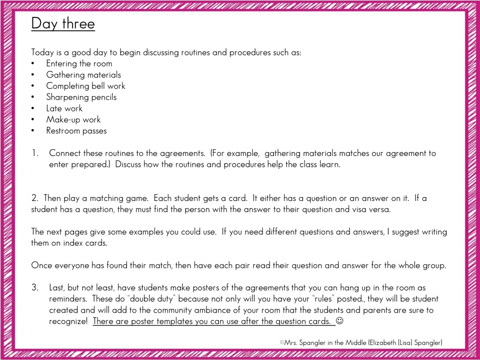 Day three teacher plan: discuss routines such as bell work, then a Q&A card matching game and agreement posters
