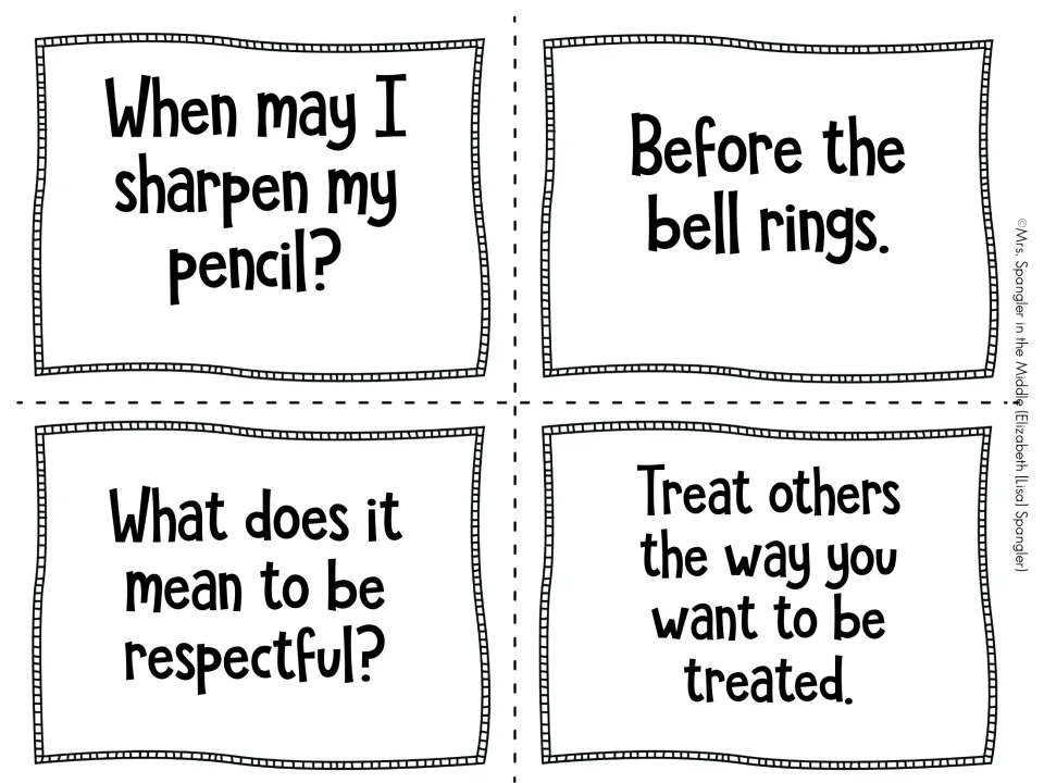 Routine matching cards: when to sharpen a pencil (before the bell rings) and what it means to be respectful