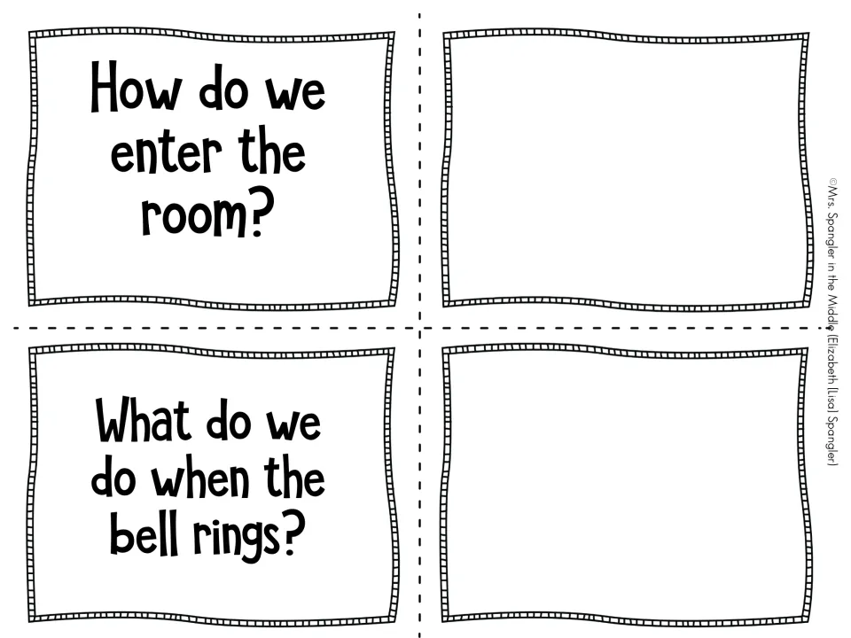 Routine question cards asking how we enter the room and what we do when the bell rings, with blank cards for answers