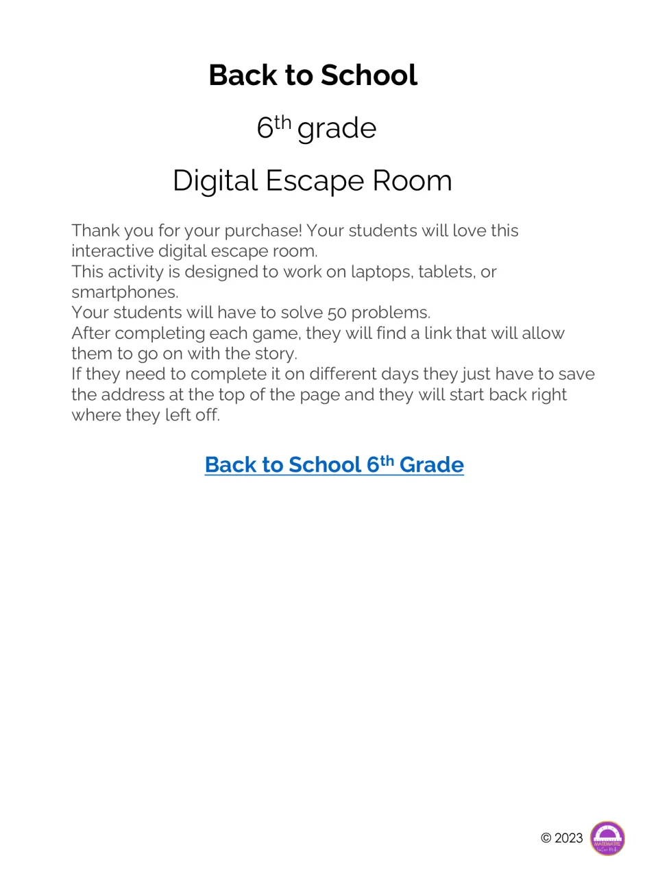 Digital escape room cover and teacher note: students solve 50 problems on devices, following links to continue the story