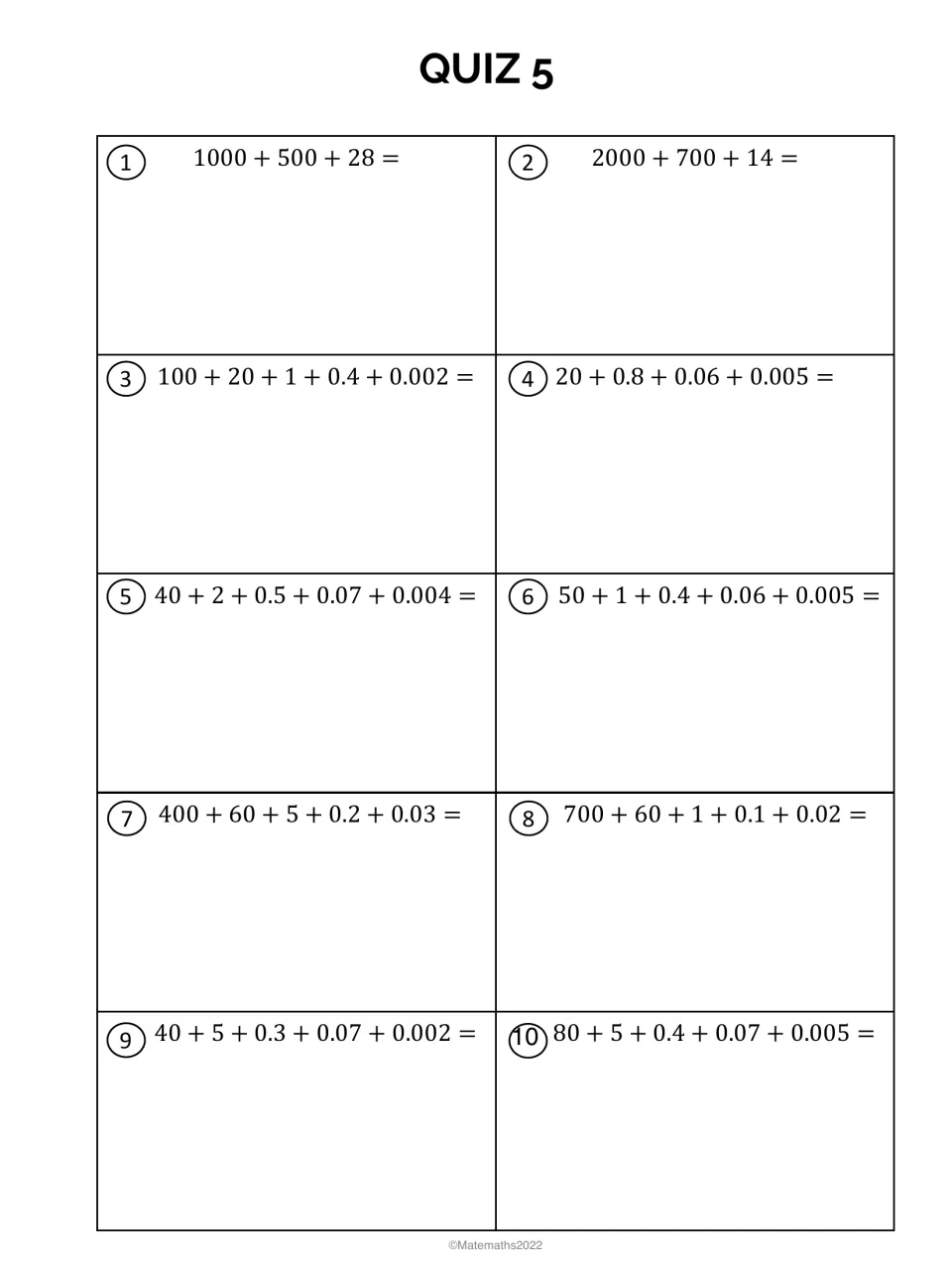 Quiz 5 expanded form: students add place-value parts such as 100 + 20 + 1 + 0.4 + 0.002 to write each number