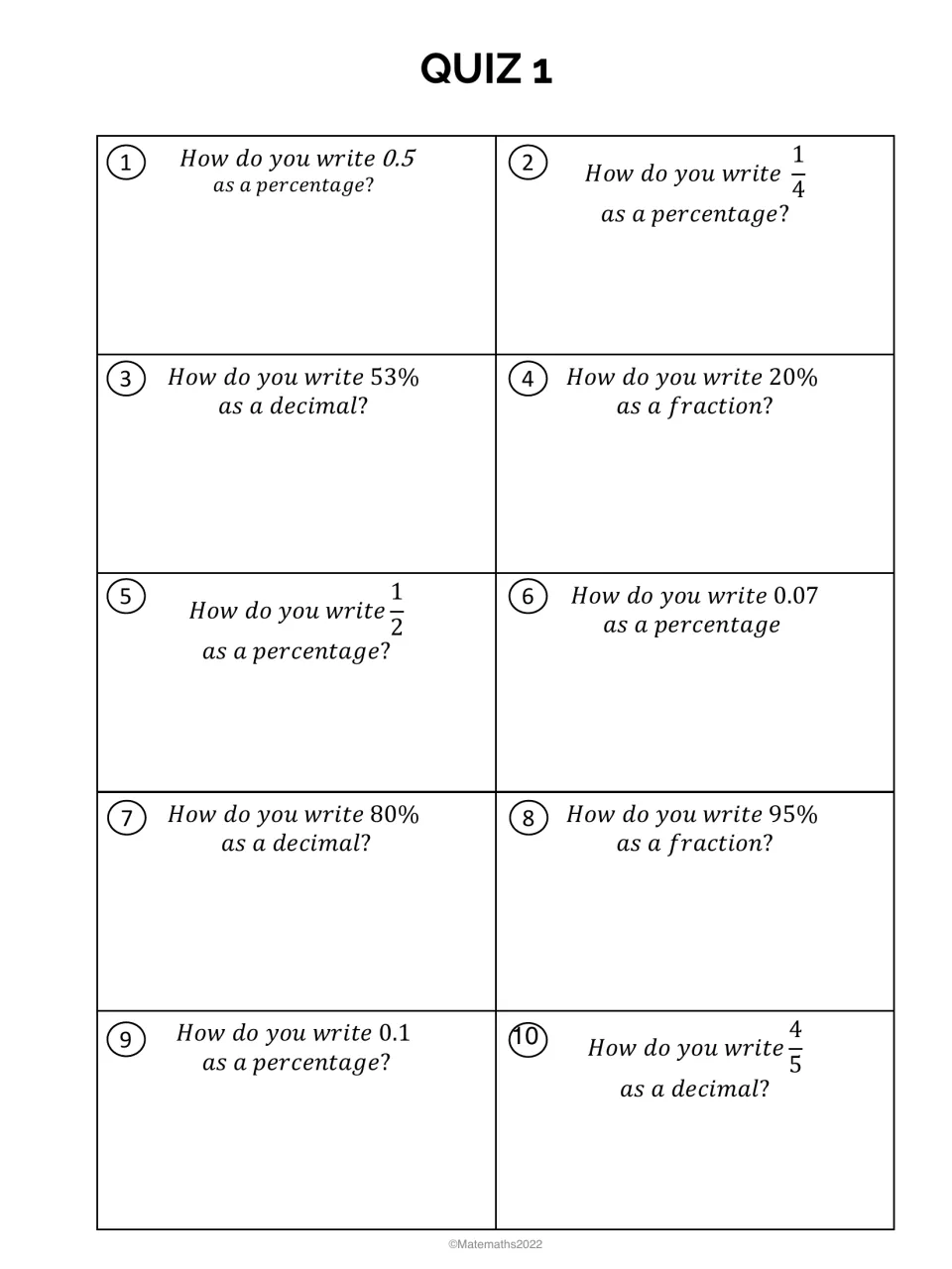 Quiz 1, converting between forms: students write decimals and fractions as percentages and percentages as decimals