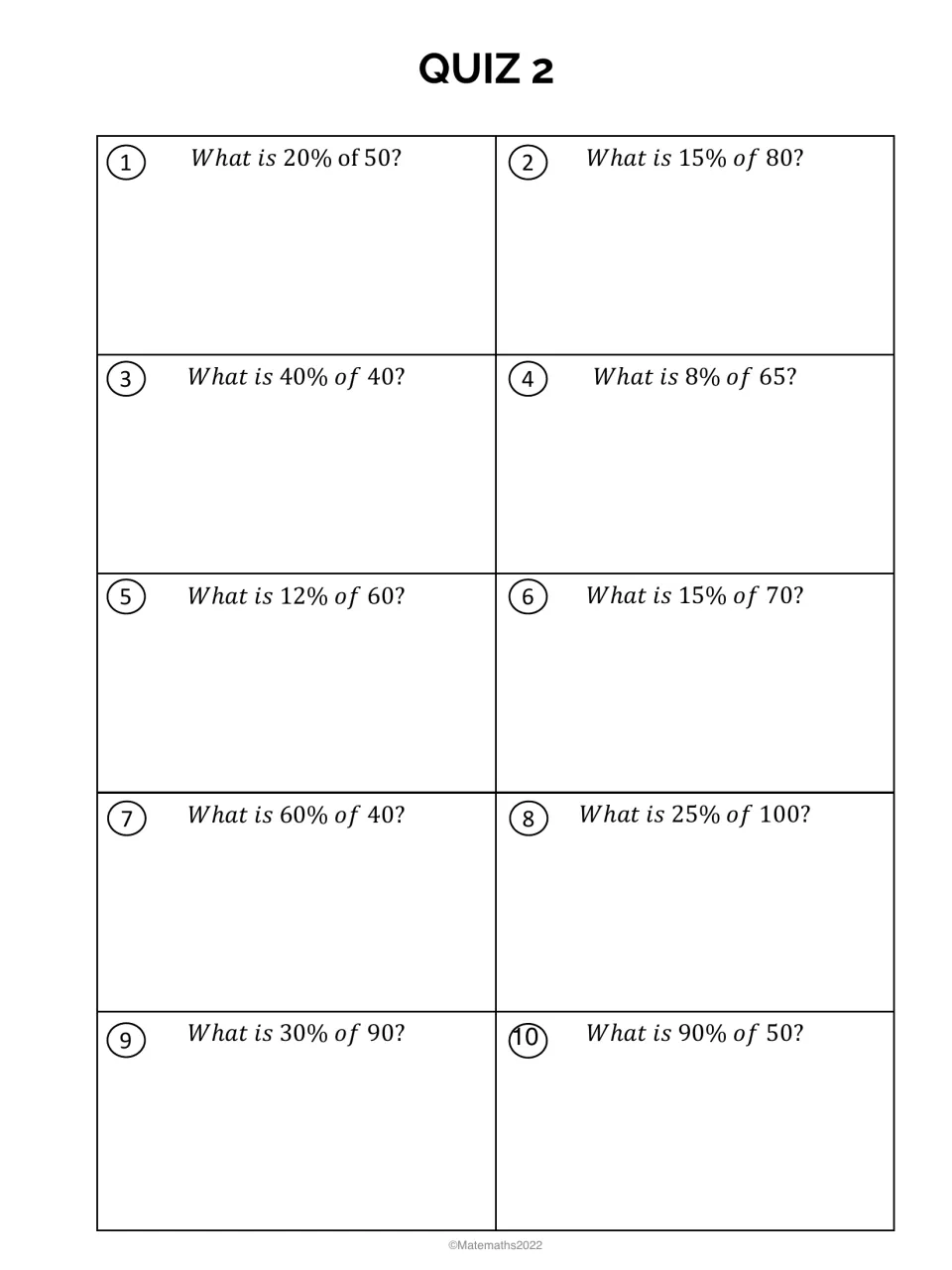 Quiz 2, percent of a number: students find values such as 20% of 50, 8% of 65 and 90% of 50 across 10 problems