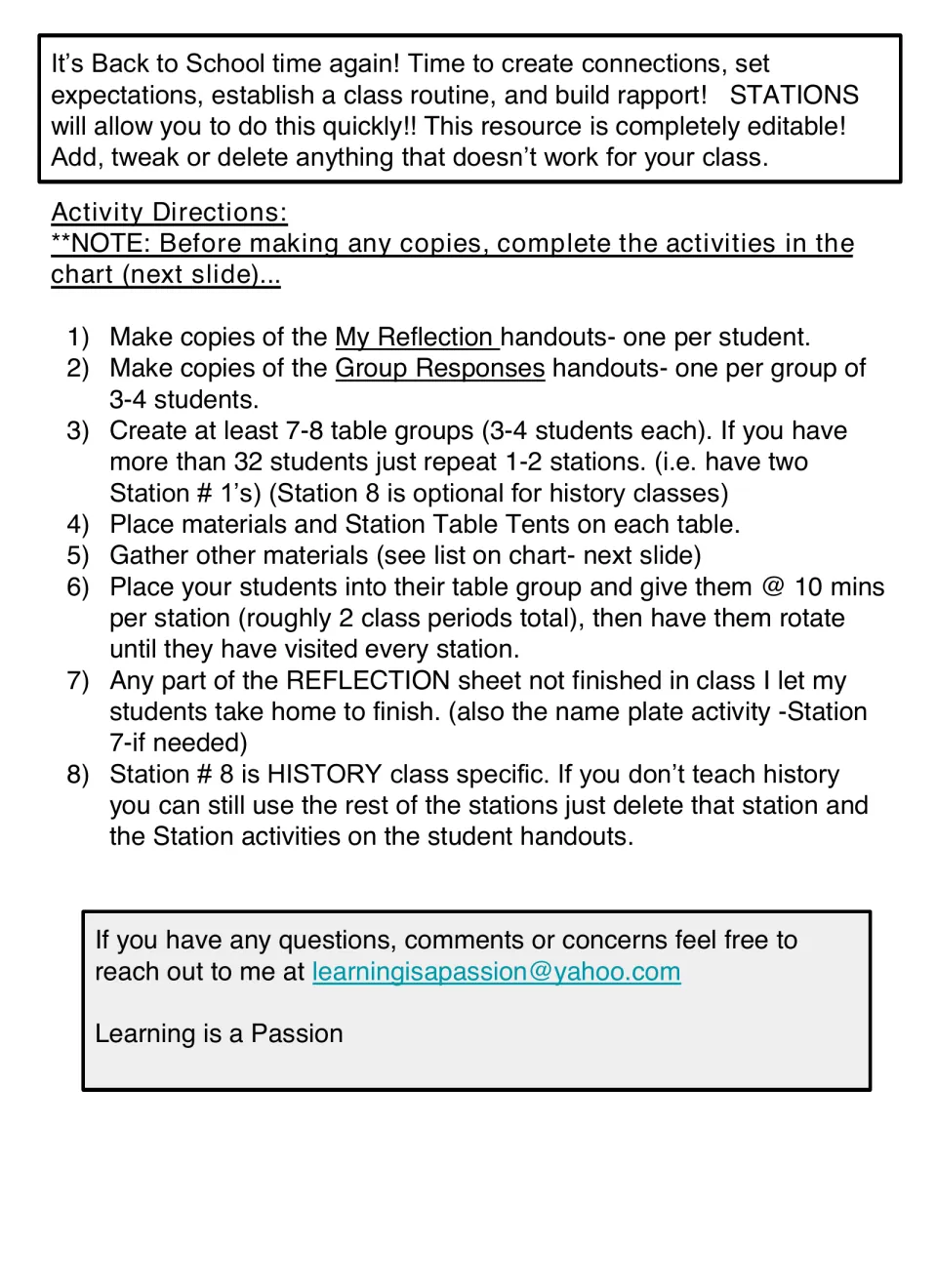 Station setup directions cover copies, groups of 3–4, ten-minute rotations, and the optional history station