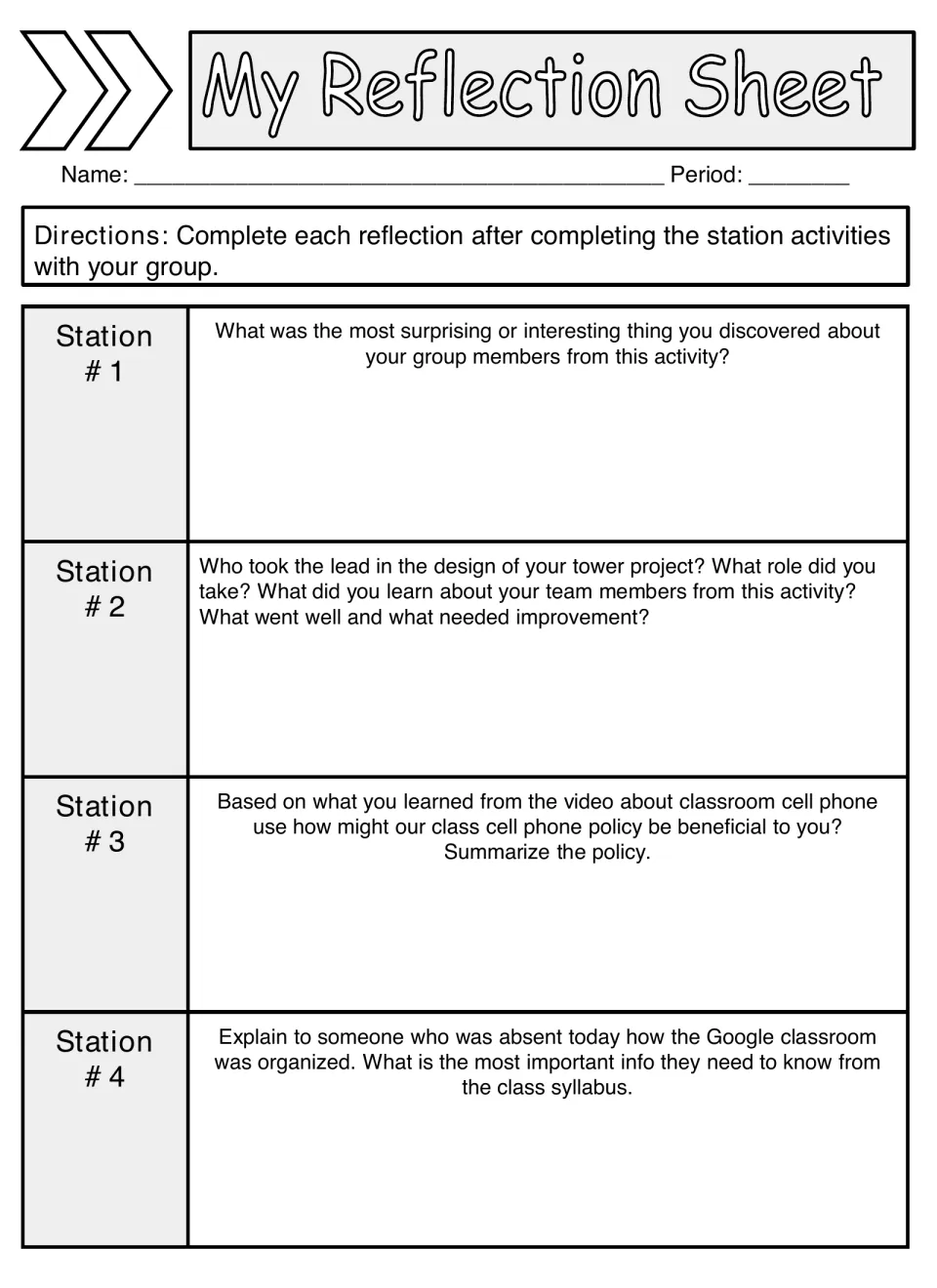 Reflection prompts for stations 1–4 ask about peers, tower teamwork, cell phone policy, and the syllabus