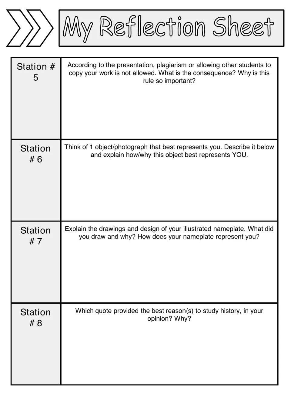 Reflection prompts for stations 5–8 address plagiarism, a personal object, nameplate design, and history