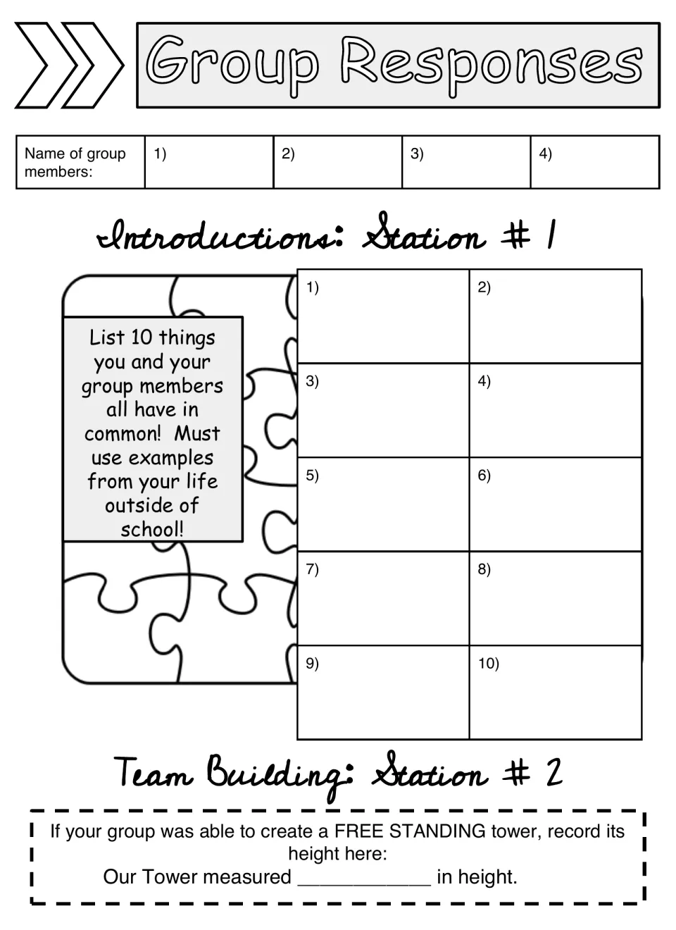 Group response handout for stations 1–2 asks for ten shared traits outside school and freestanding tower height