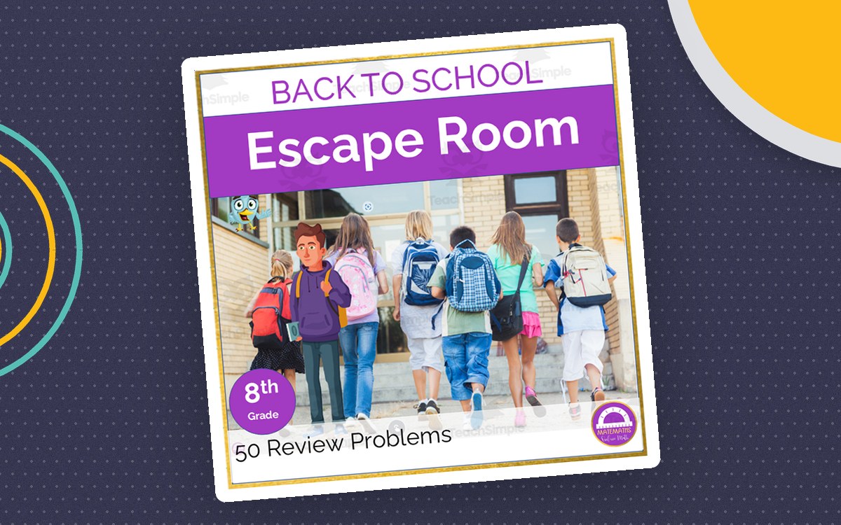Back to School Eighth Grade Math Review digital escape-room cover labeled 50 review problems.