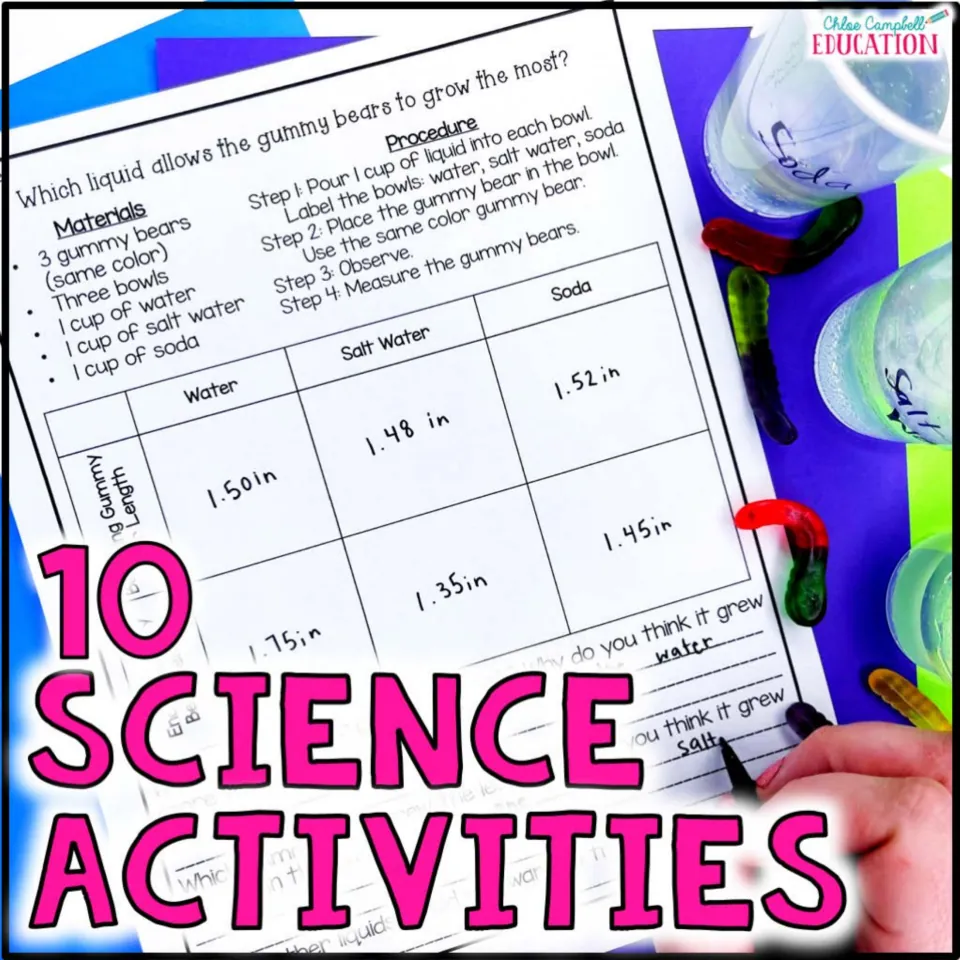 Cover for 10 Science Activities: a gummy bear growth worksheet with measurements next to gummy worms in liquid cups