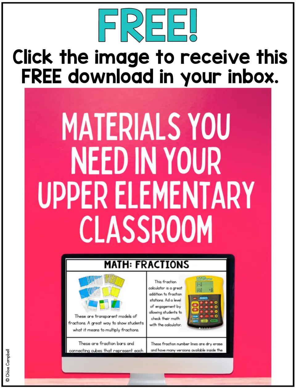 Free download offer: Materials You Need in Your Upper Elementary Classroom, shown with a math fractions page on a monitor