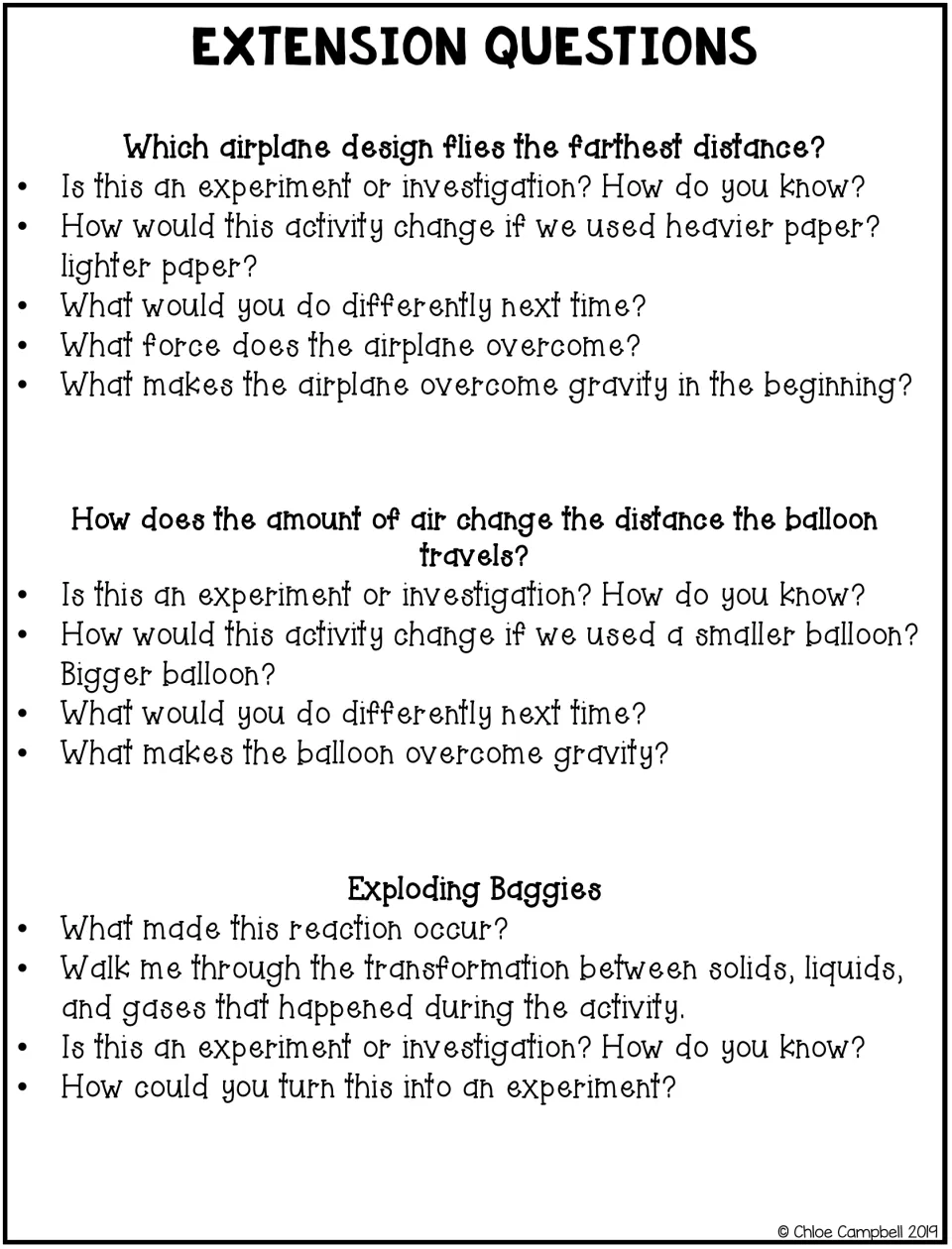 Extension questions on airplane, balloon and exploding baggie tests: students discuss forces, gravity, states of matter