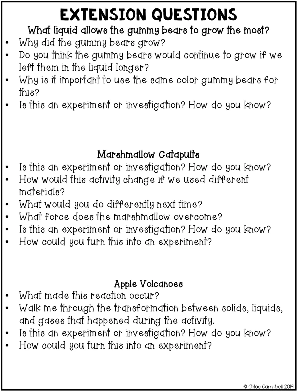 Extension questions for gummy bears, marshmallow catapults and apple volcanoes: why bears grew, forces and the reaction