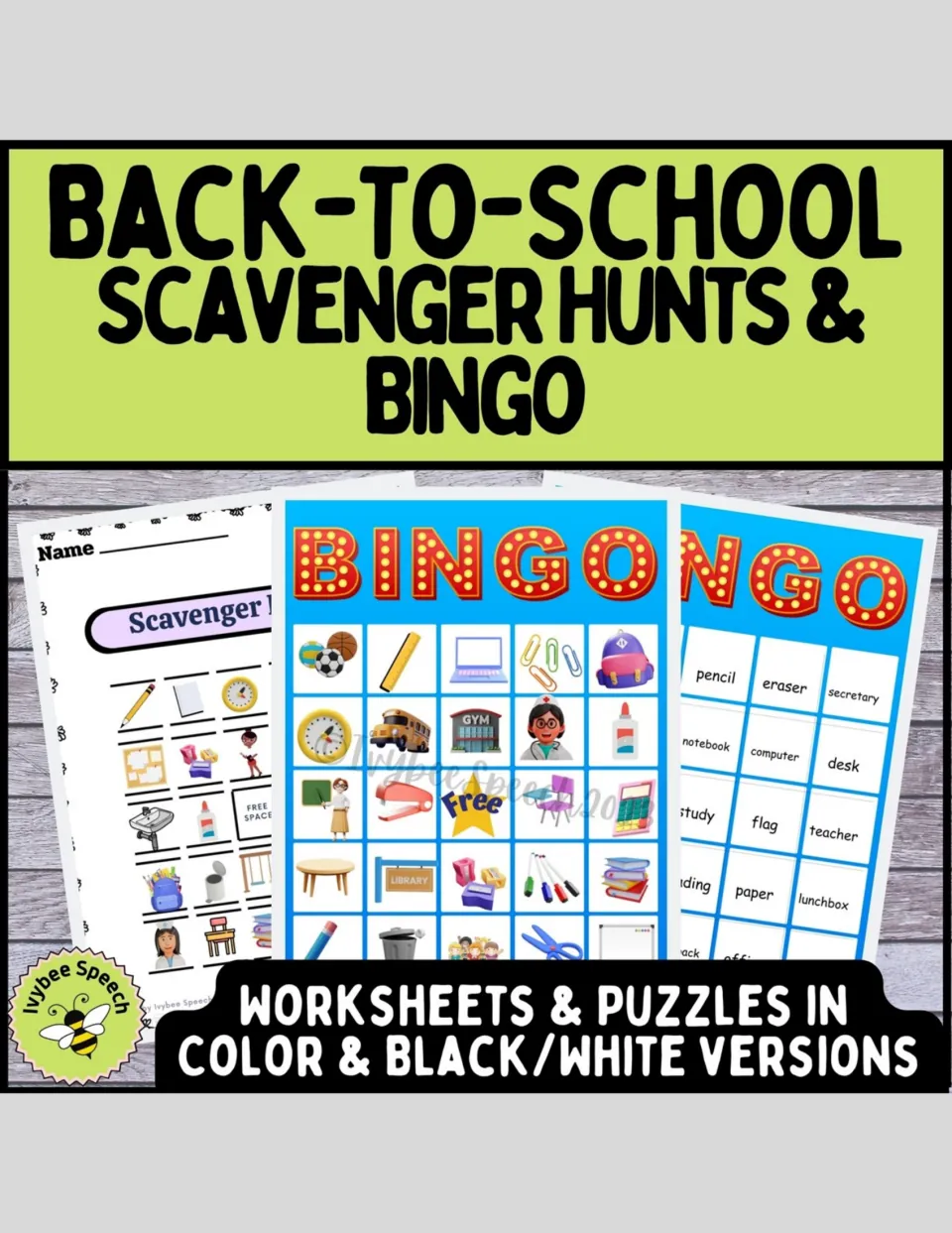 Back-to-school scavenger hunts and bingo cover showing a picture hunt sheet, picture bingo and word bingo boards