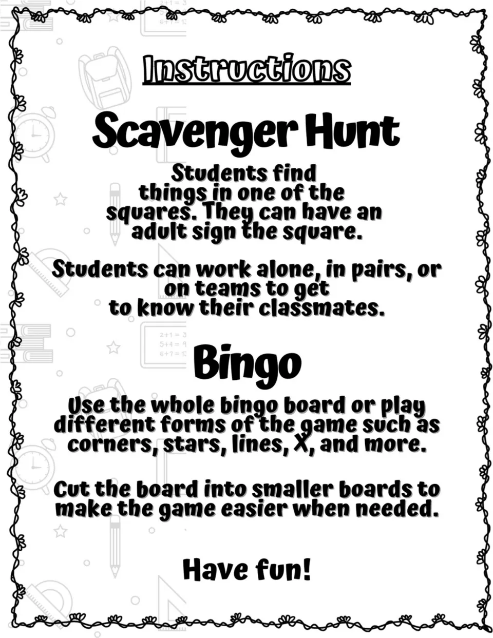 Hunt and bingo instructions: students find items for an adult to sign; bingo variations include corners, stars, lines and X