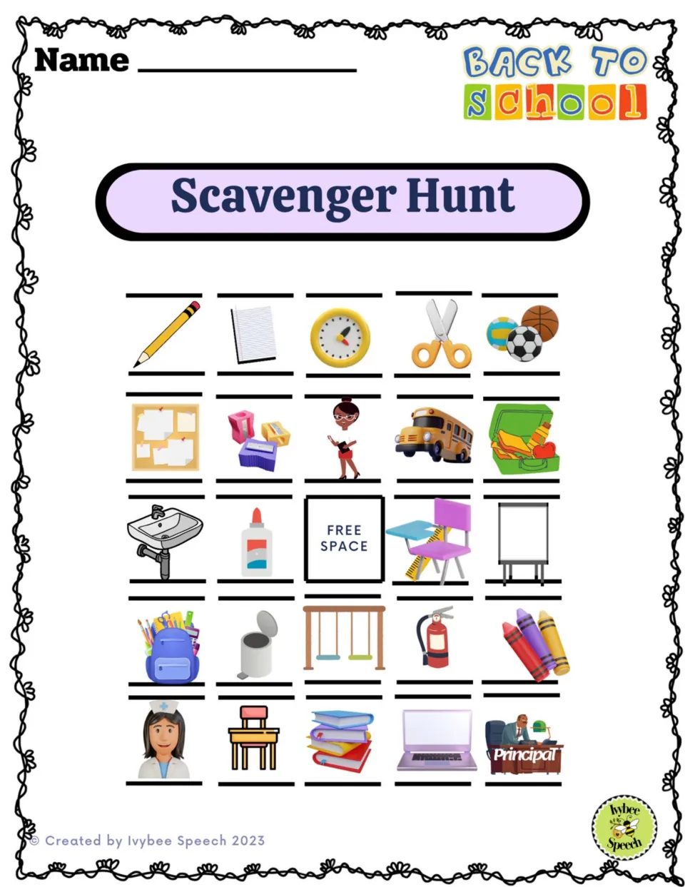 Picture scavenger hunt: students find 24 pictured school items like pencil, clock, school bus, glue, nurse and principal