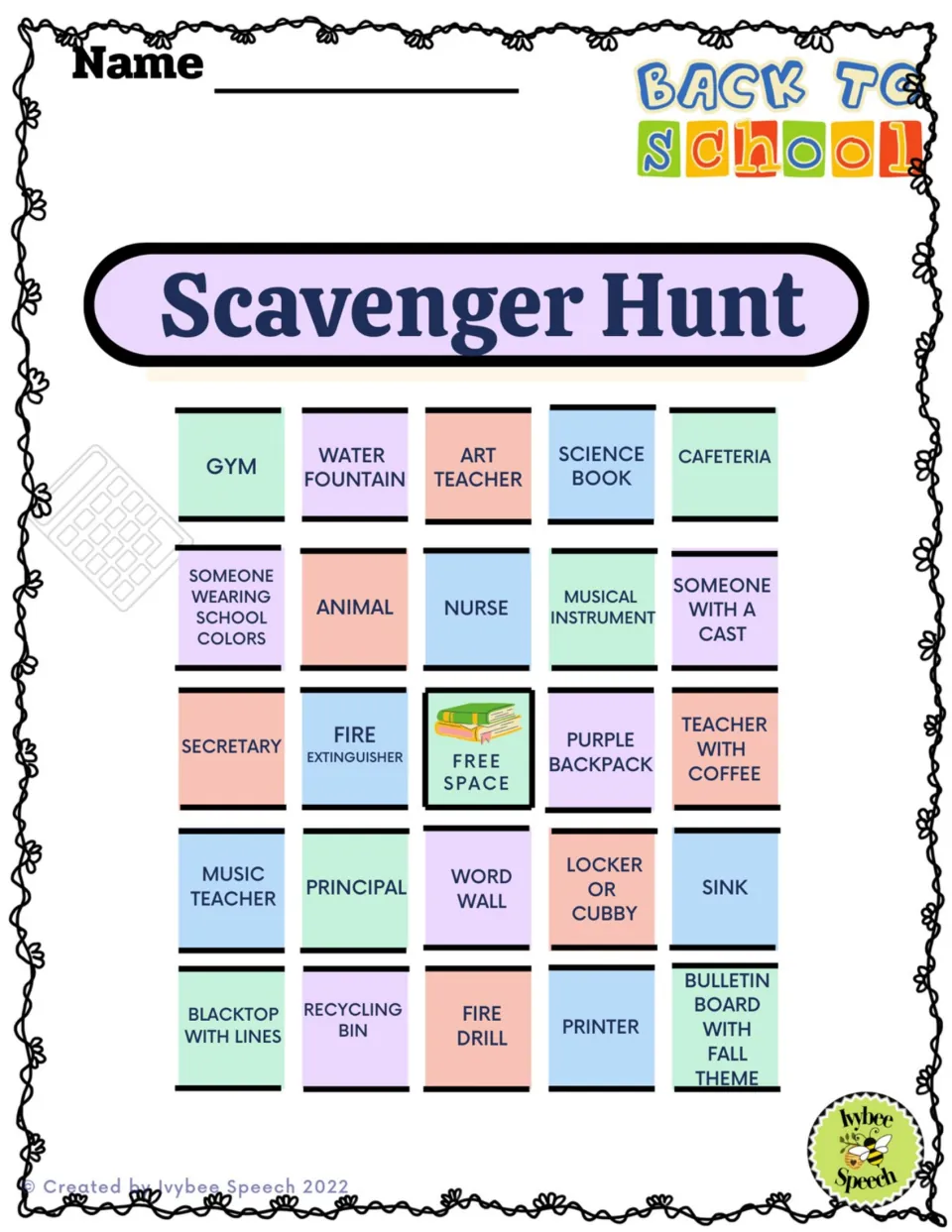 Word scavenger hunt in color: students find the gym, nurse, art teacher, a purple backpack and a fire drill