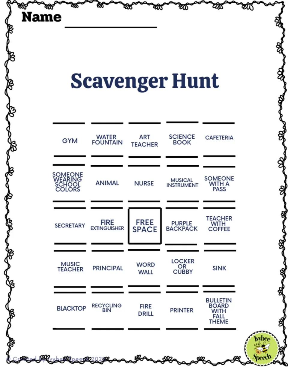 Black and white word scavenger hunt: students find a cafeteria, someone with a pass, word wall, locker or cubby, printer