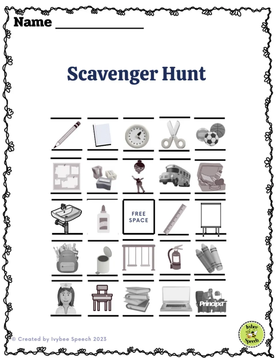 Black and white picture scavenger hunt: students find school items such as scissors, a ruler, swings, crayons and a laptop
