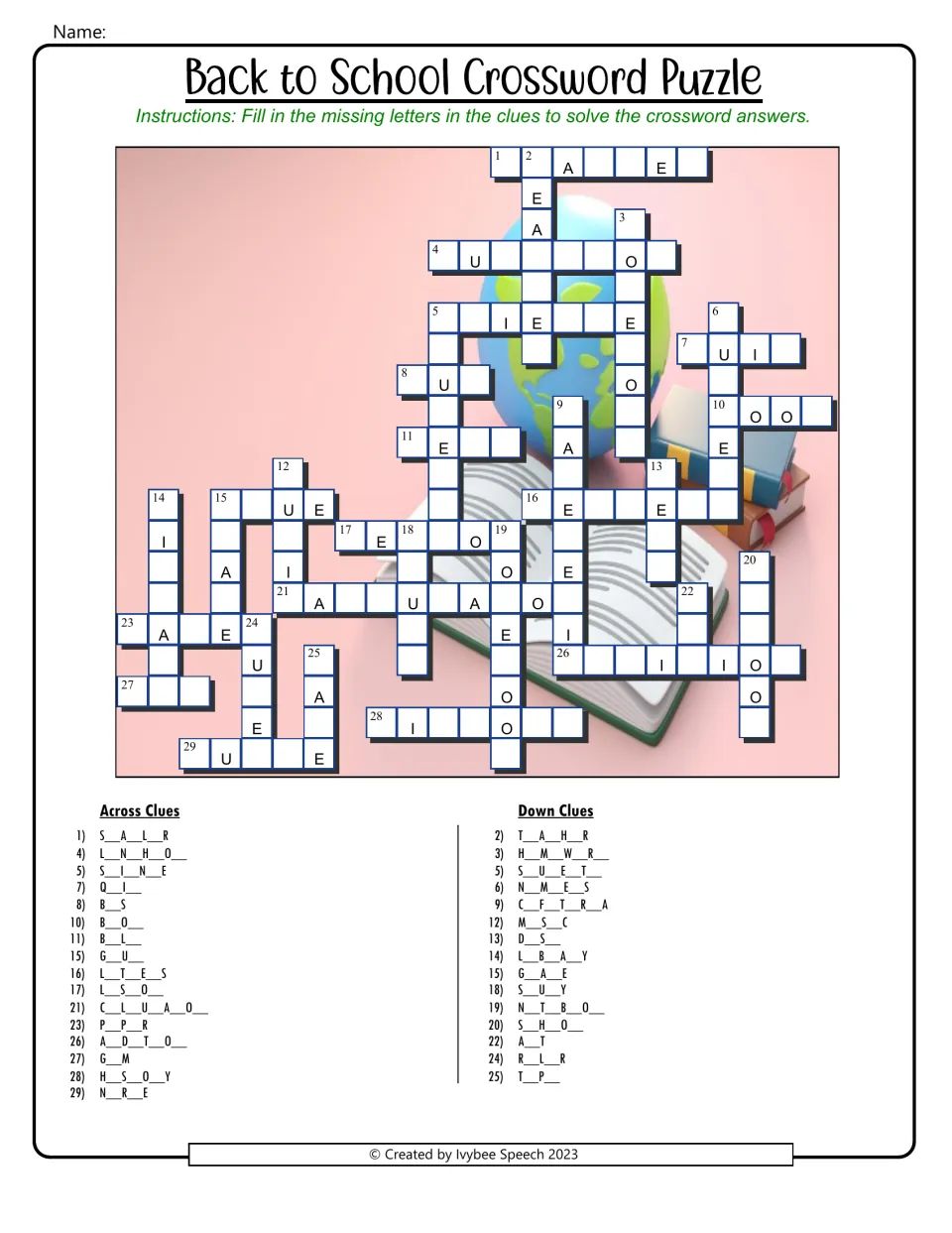 School vocabulary crossword: students fill in the missing letters of each clue word, then write the answers in the puzzle